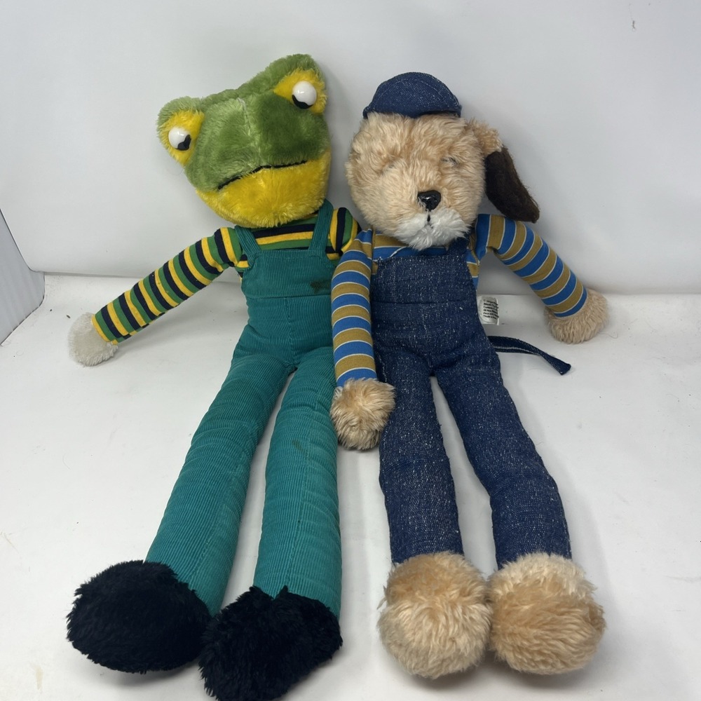 Vintage Personality Plush Lot Frog + Dog Knee Hugger Overalls 23" Stuffed Animal